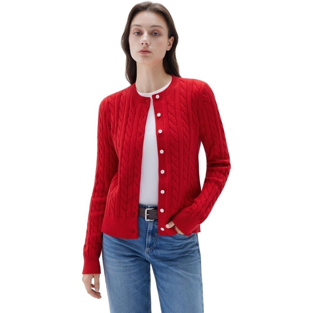 Women Cable Knit Cashmere Sweater Chunky Cardigan Crew Neck Long Sleeve